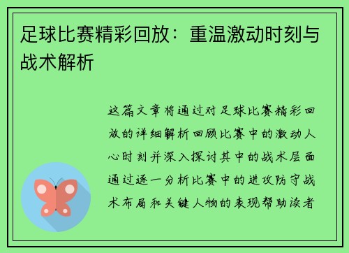 足球比赛精彩回放：重温激动时刻与战术解析