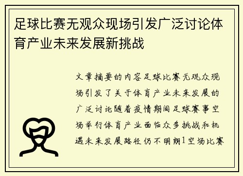 足球比赛无观众现场引发广泛讨论体育产业未来发展新挑战