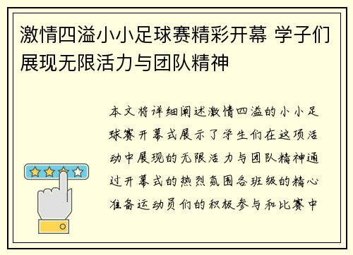 激情四溢小小足球赛精彩开幕 学子们展现无限活力与团队精神