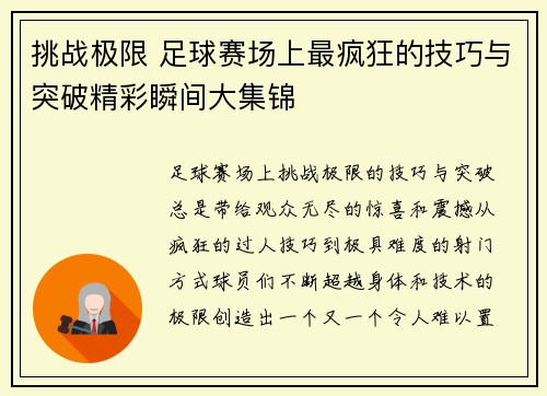 挑战极限 足球赛场上最疯狂的技巧与突破精彩瞬间大集锦