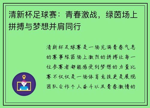 清新杯足球赛：青春激战，绿茵场上拼搏与梦想并肩同行