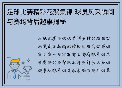 足球比赛精彩花絮集锦 球员风采瞬间与赛场背后趣事揭秘