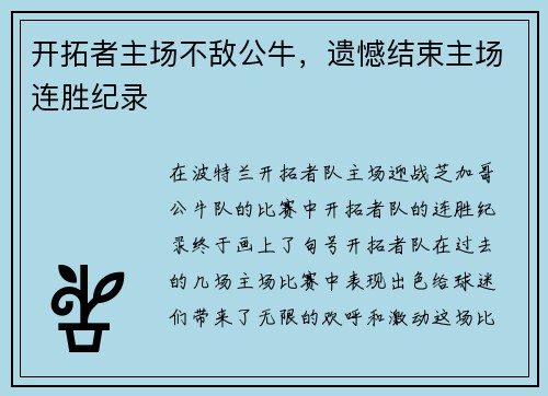 开拓者主场不敌公牛，遗憾结束主场连胜纪录