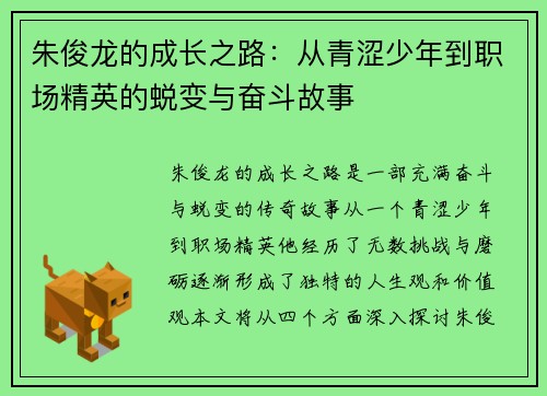 朱俊龙的成长之路：从青涩少年到职场精英的蜕变与奋斗故事