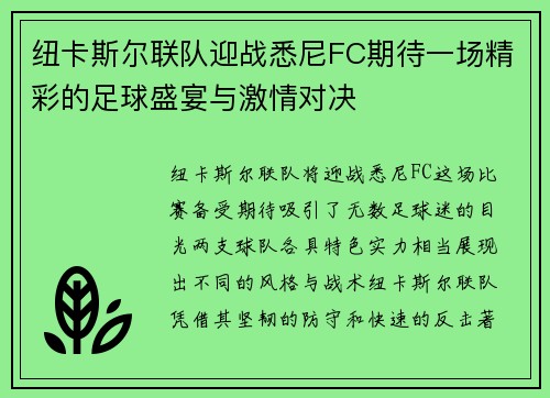 纽卡斯尔联队迎战悉尼FC期待一场精彩的足球盛宴与激情对决