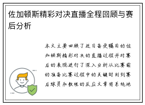 佐加顿斯精彩对决直播全程回顾与赛后分析