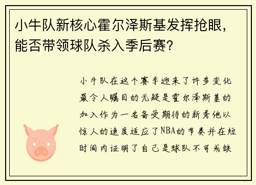 小牛队新核心霍尔泽斯基发挥抢眼，能否带领球队杀入季后赛？