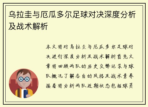 乌拉圭与厄瓜多尔足球对决深度分析及战术解析