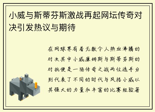 小威与斯蒂芬斯激战再起网坛传奇对决引发热议与期待
