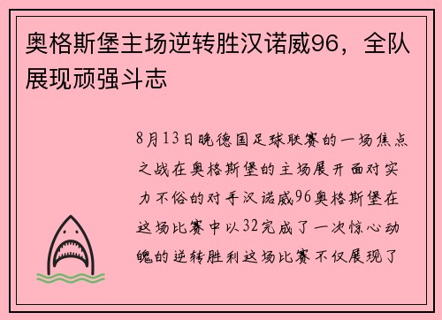奥格斯堡主场逆转胜汉诺威96，全队展现顽强斗志