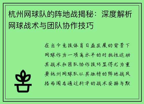 杭州网球队的阵地战揭秘：深度解析网球战术与团队协作技巧